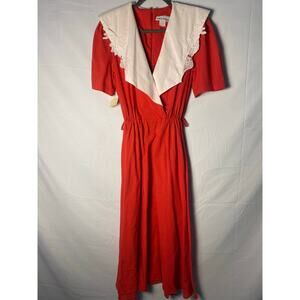 Vintage 70-80s Ultra Dress Red Tea Dress w/ White Lace Edwardian Sailor Collar M
